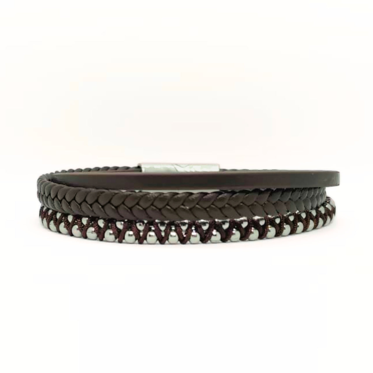 Premium Brown Leather Bracelet with Beads Silver Stainless Steel B-92 - Overpowered Accessories | Egypt