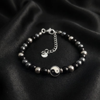 Black & silver bead yin-yang bracelet with round yin-yang charm and silver chain