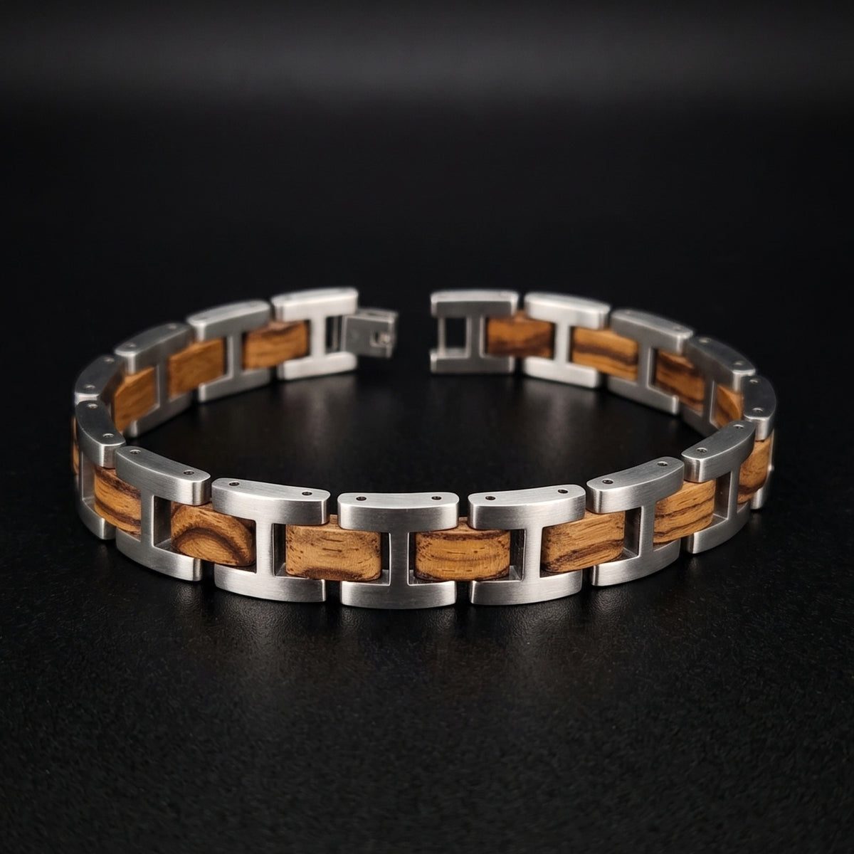 Men's zebrawood and stainless steel link bracelet with alternating wood insets, Overpowered Accessories