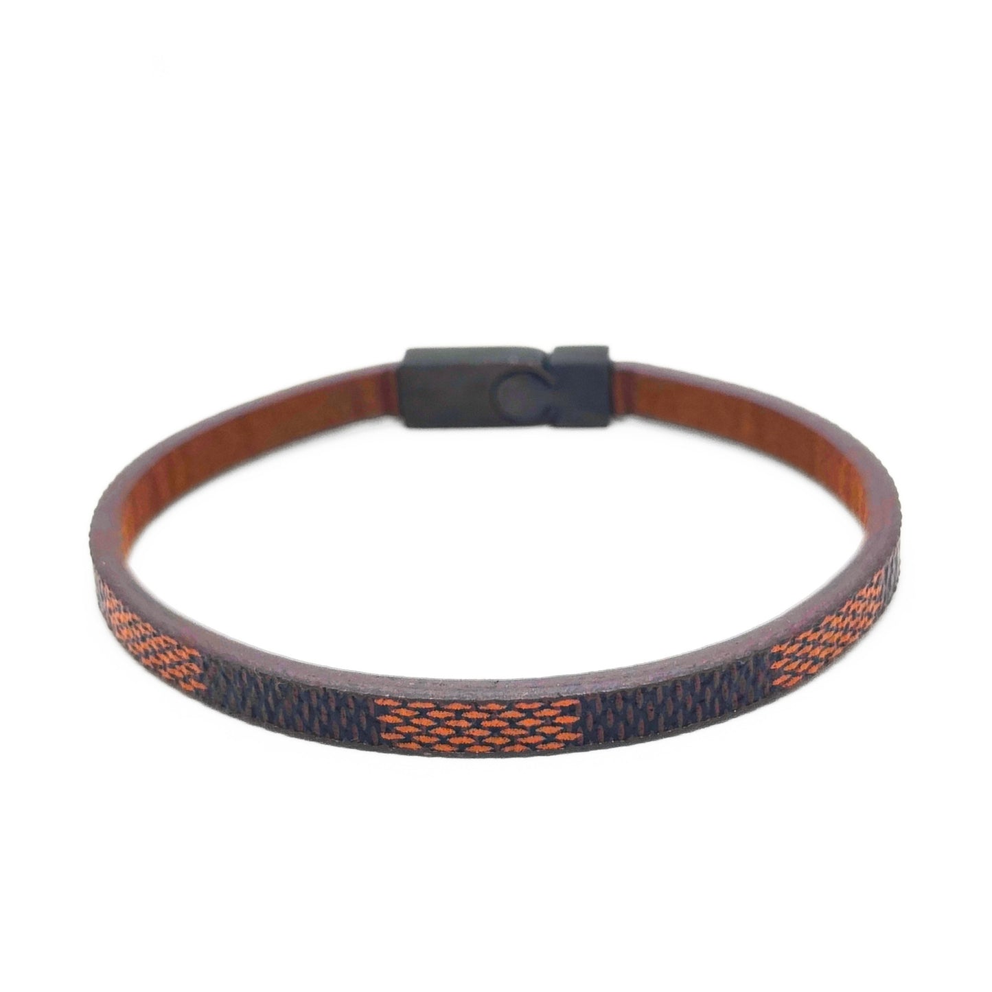 Men's brown leather bracelet with navy-orange woven band and black snap clasp