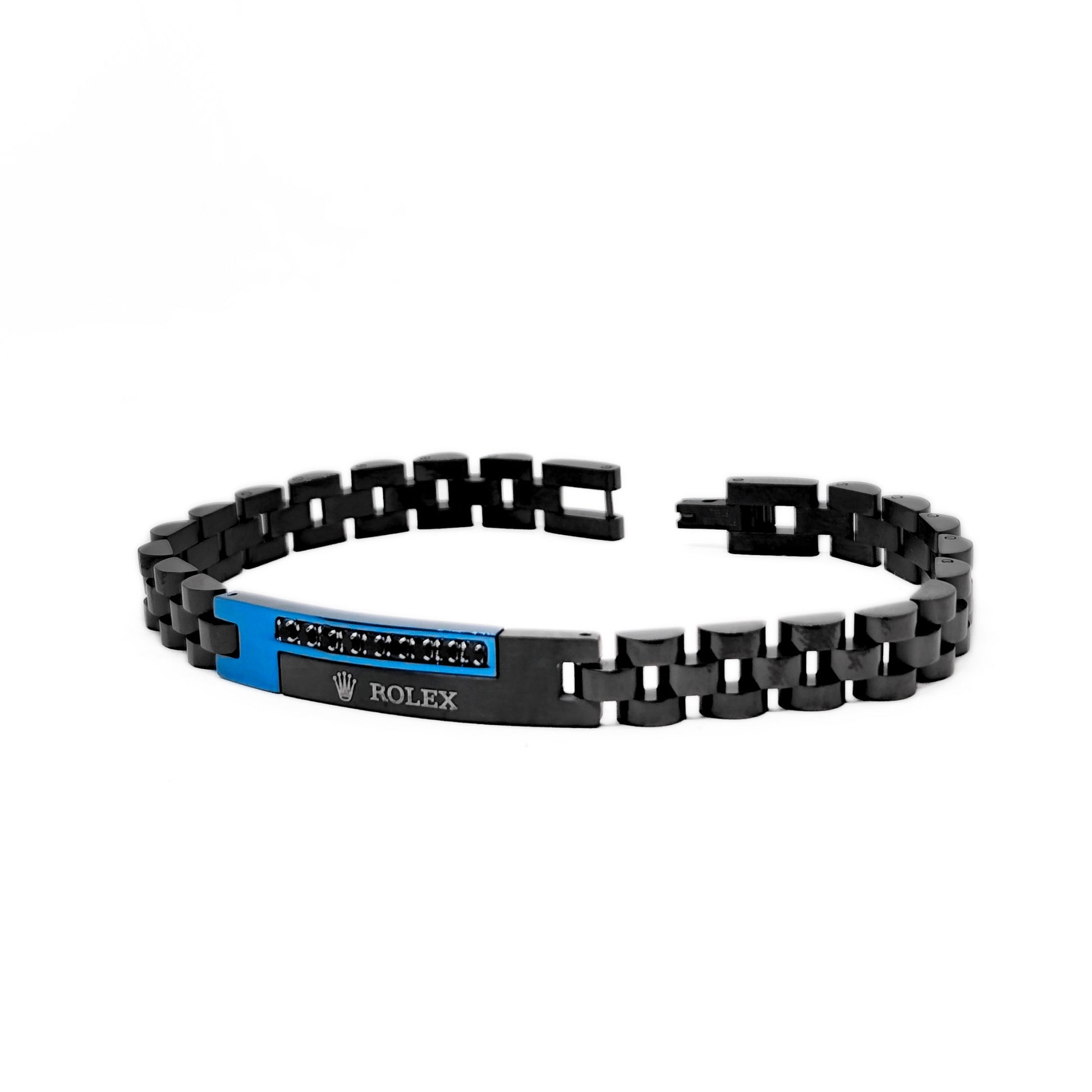 Blue and black stainless steel B-151 bracelet for men by Overpowered Accessories, featuring a sleek design and clasp closure.