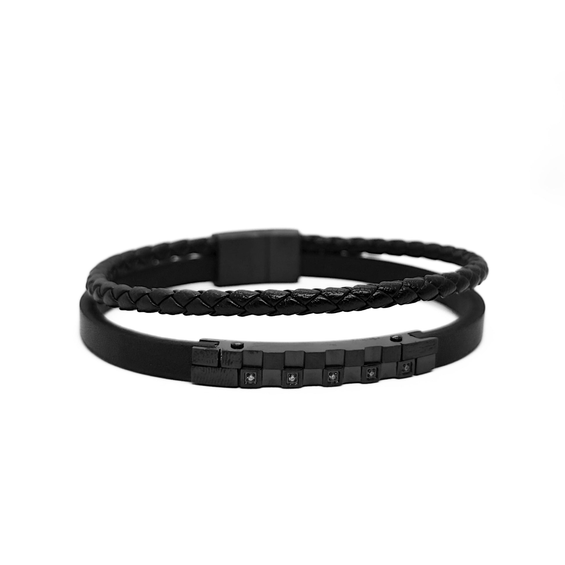 Men's black leather bracelet with braided cuff and dark studded zircon strip.