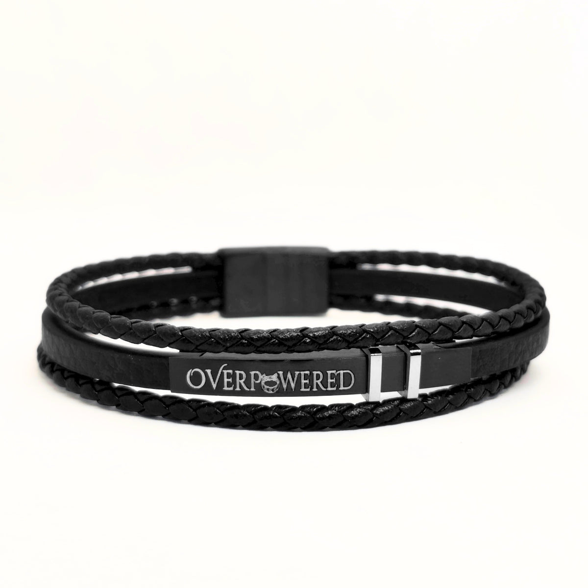 Black leather braided wrap bracelet with black clasp and engraved OVERPOWERED logo plate