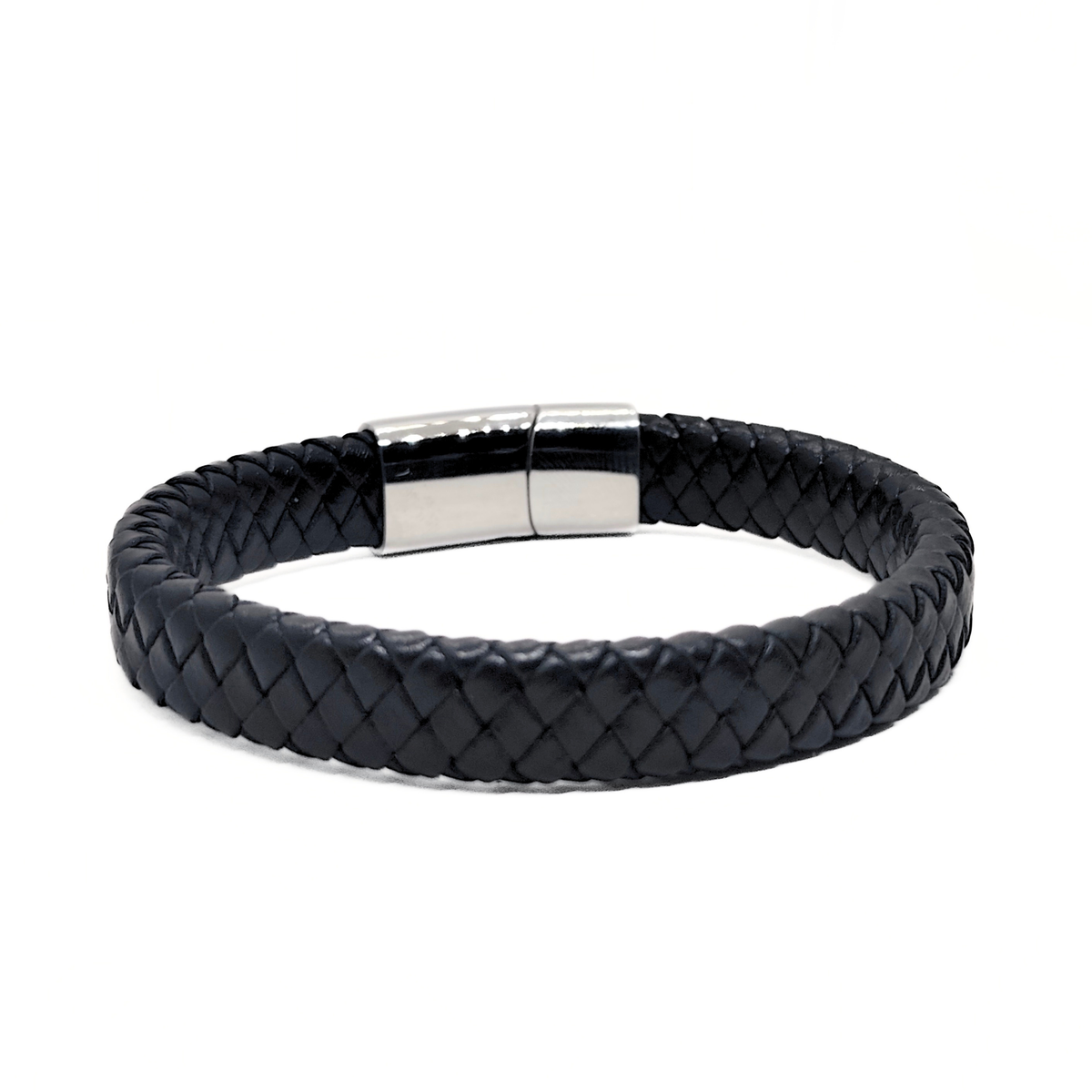 Men's wide black braided leather bracelet with silver magnetic steel clasp, angled view, B-202, Overpowered Accessories