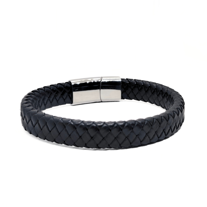 Men's wide black braided leather bracelet with silver magnetic steel clasp, angled view, B-202, Overpowered Accessories