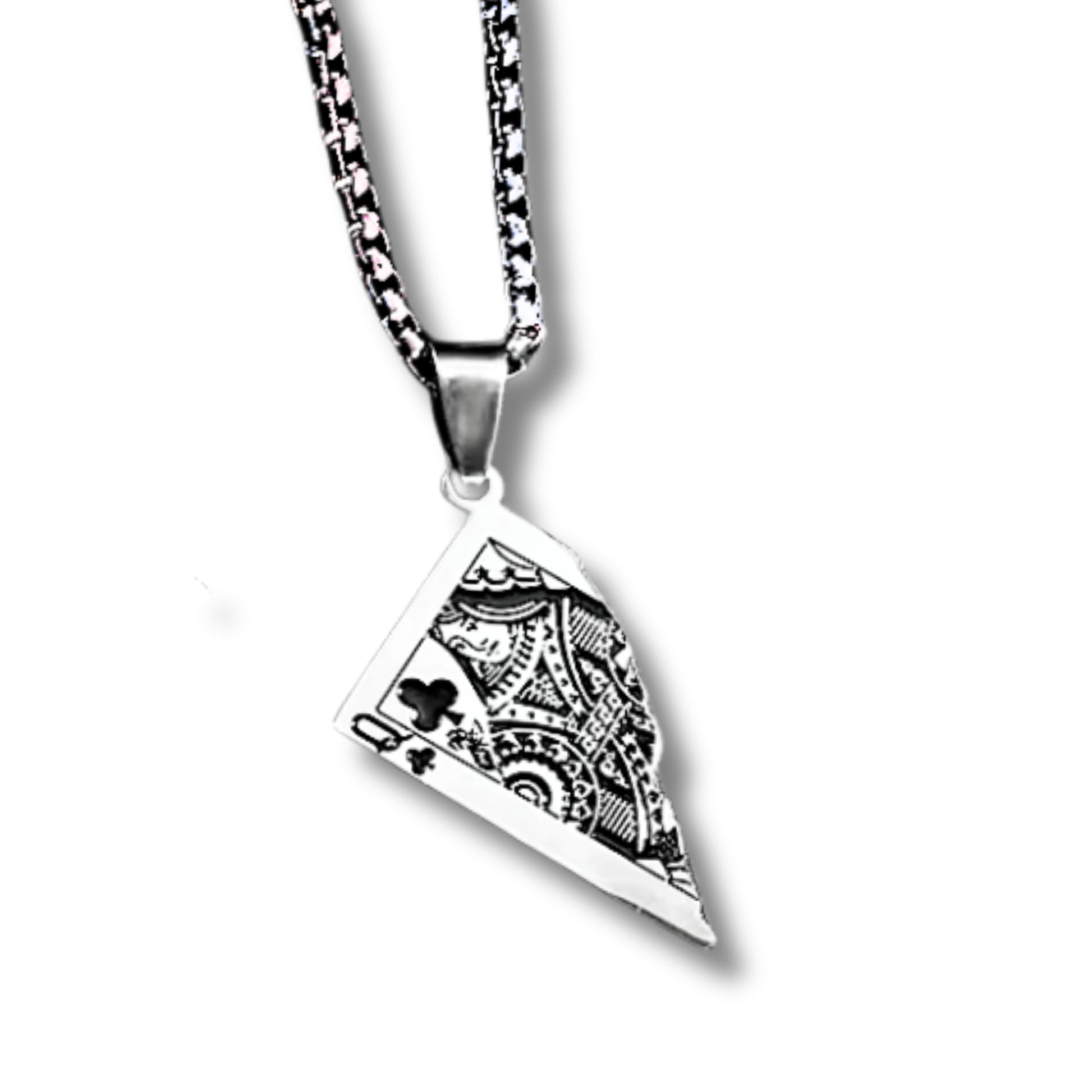 Silver PN-10 Queen Card Pendant necklace with intricate design, hanging from a patterned chain. Stylish accessory for men.
