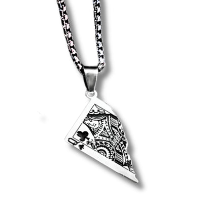 Silver PN-10 Queen Card Pendant necklace with intricate design, hanging from a patterned chain. Stylish accessory for men.