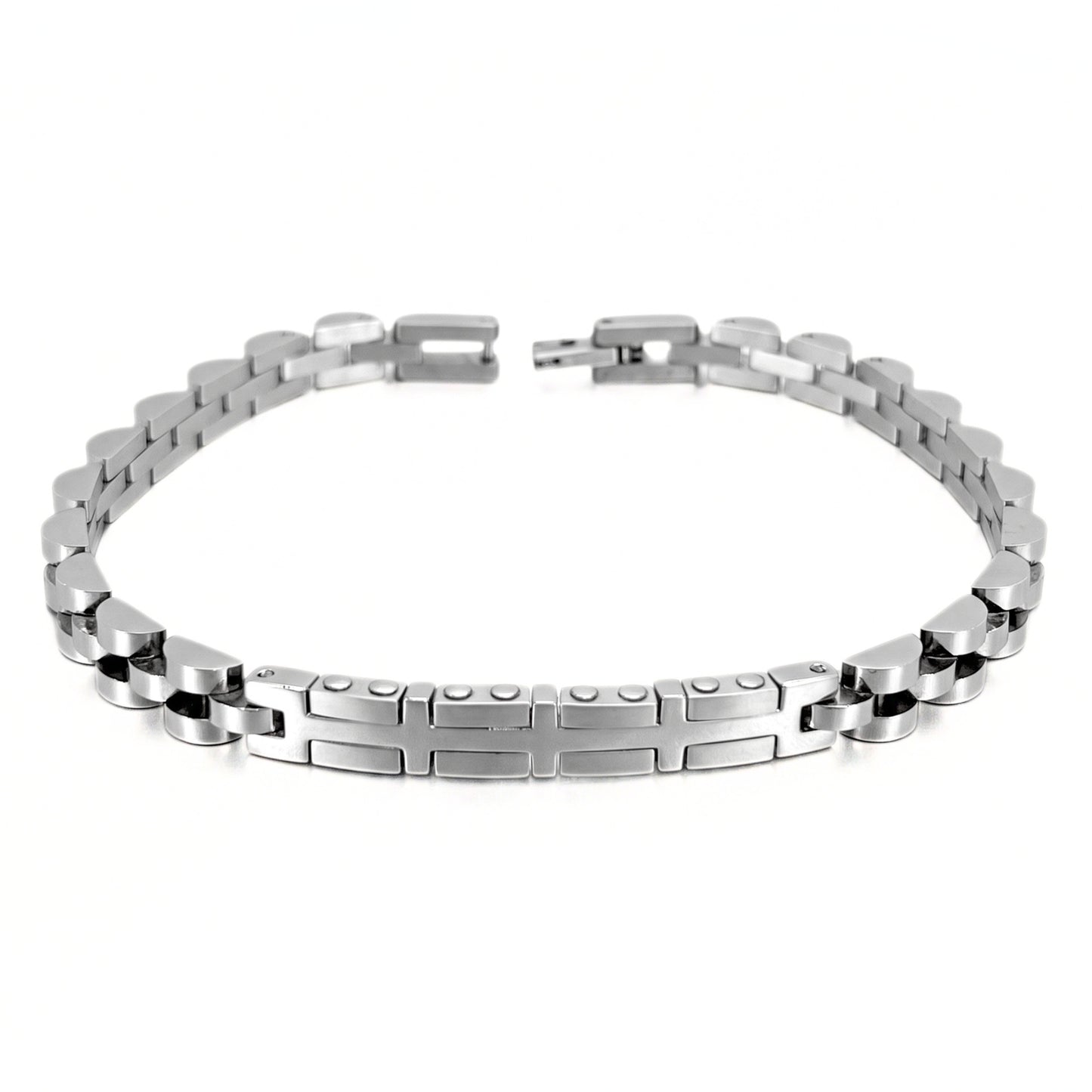 Silver stainless steel bracelet with rectangular link segments and central bar detail