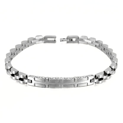 Silver stainless steel bracelet with rectangular link segments and central bar detail