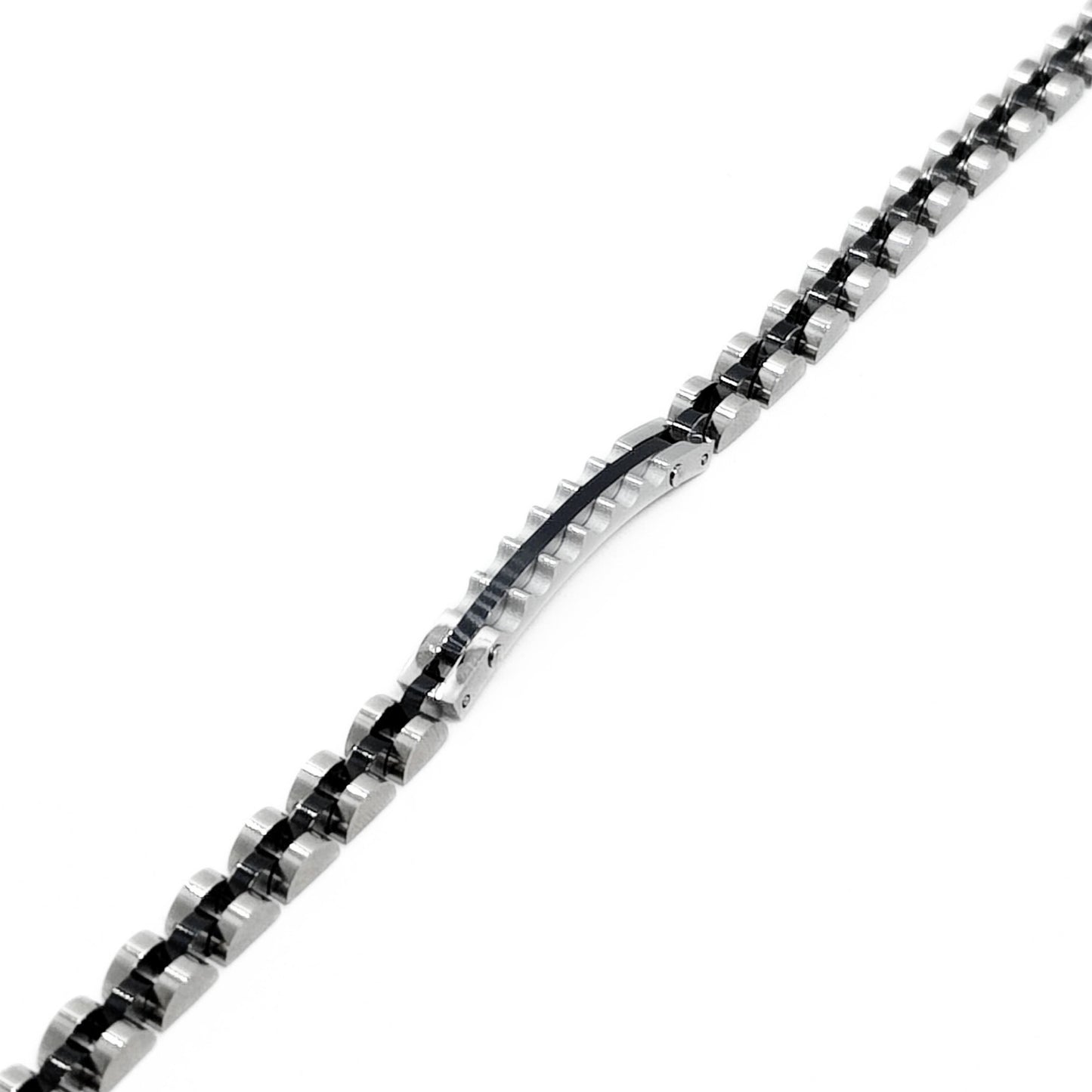 Elegant Silver & Black Stainless Steel B-133 Bracelet for men, featuring a sleek design with alternating silver and black lin