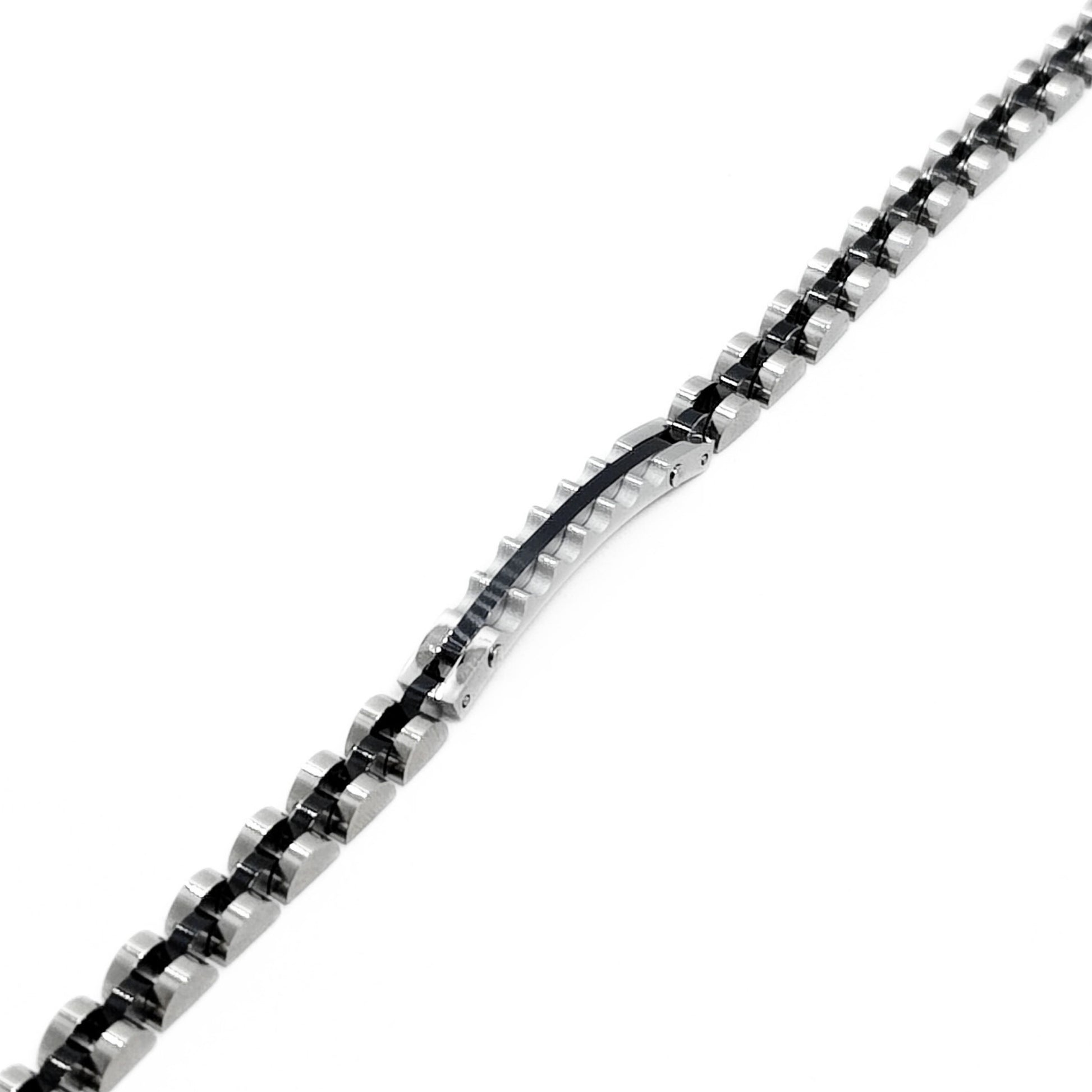 Elegant Silver & Black Stainless Steel B-133 Bracelet for men, featuring a sleek design with alternating silver and black lin