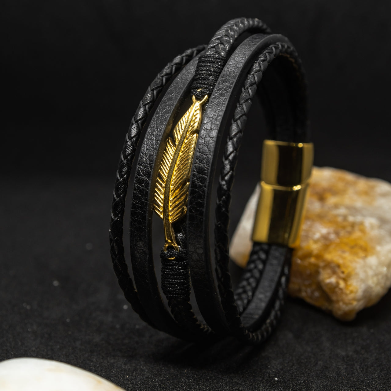Black Leather & Gold Stainless Steel Feather - B-14 Bracelet | Men's - Overpowered Accessories Egypt