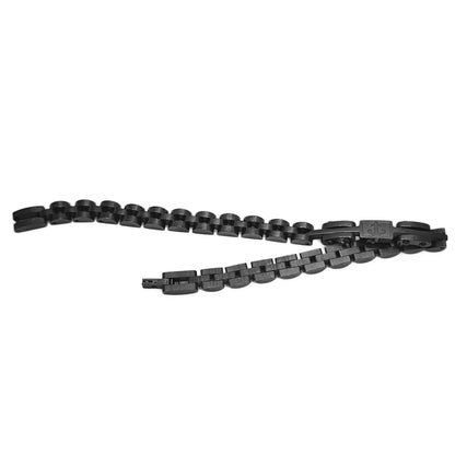 Men's black stainless steel anchor bracelet, angled view of link chain and clasp