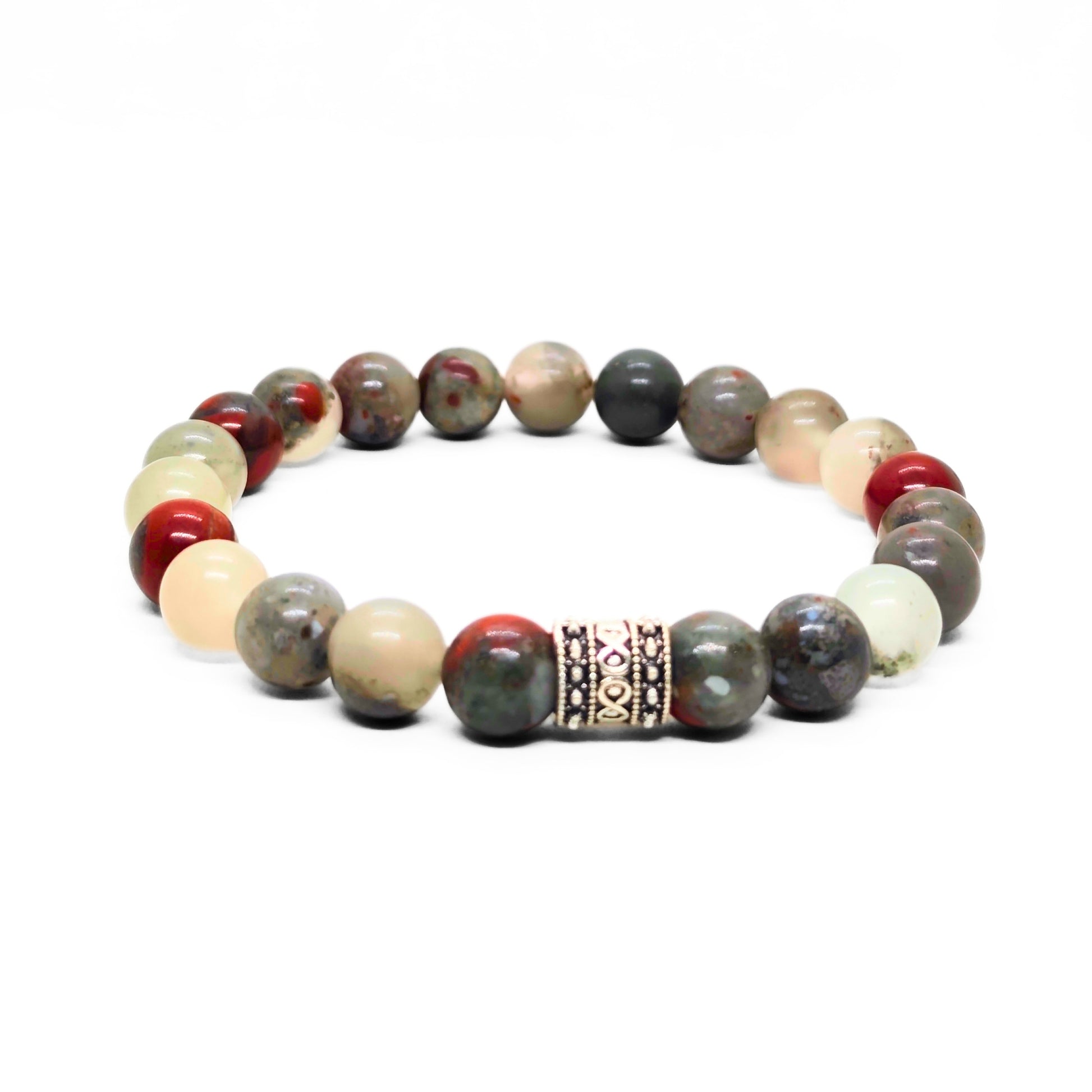 Men's natural stone beaded bracelet in red, cream, and gray with ornate silver-toned center
