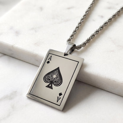 Square Ace of Spades card pendant on silver chain with clasp bail
