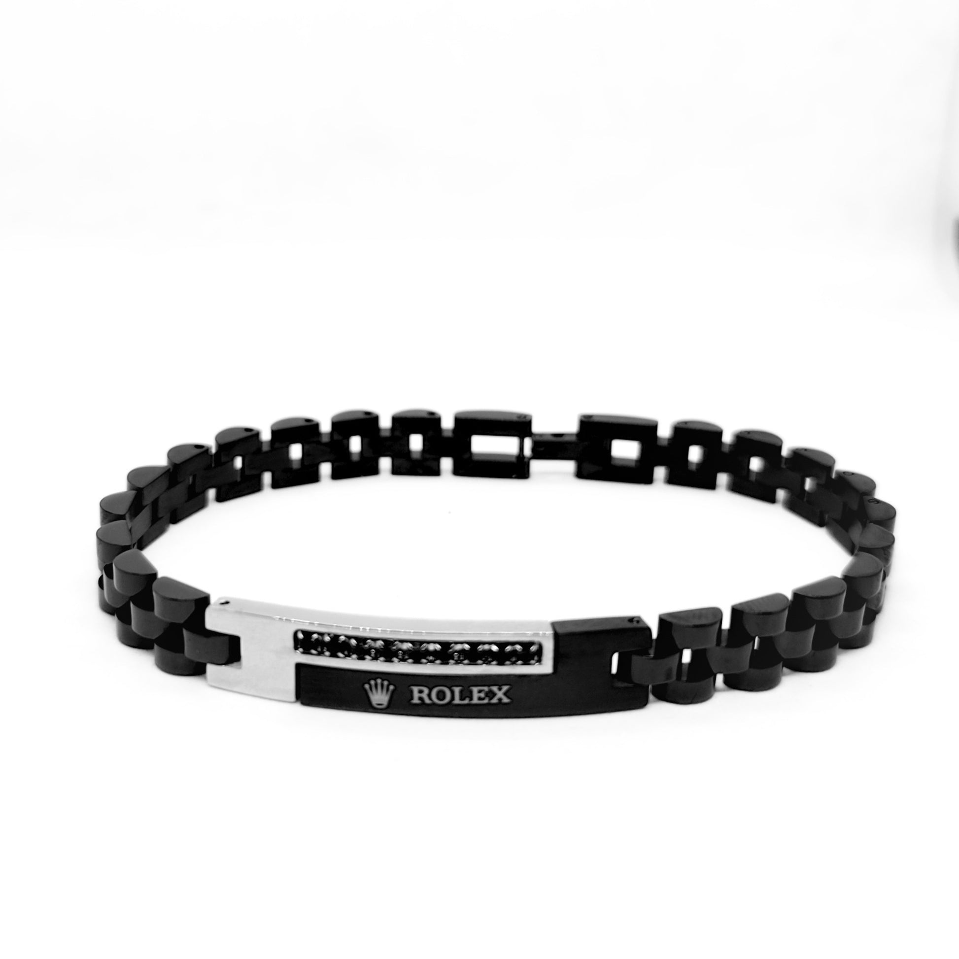 Silver and black stainless steel B-150 bracelet for men by Overpowered Accessories, featuring a sleek design and clasp.