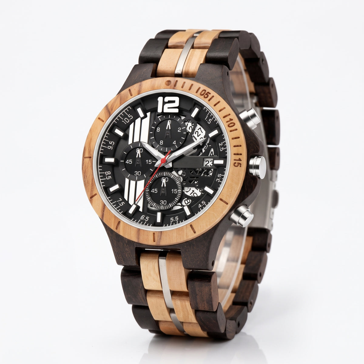 Men's wood sport watch with black and tan striped band and black dial chronograph.