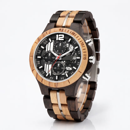 Men's wood sport watch with black and tan striped band and black dial chronograph.