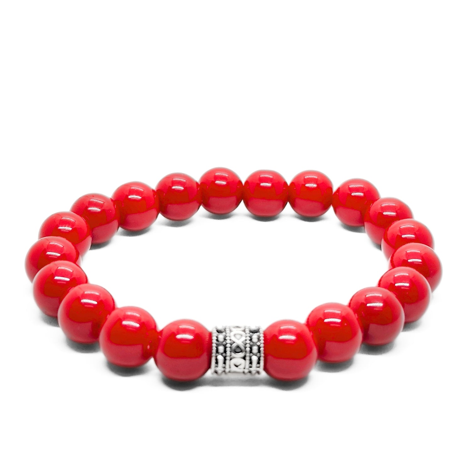 Men's red round agate bead bracelet with silver-tone patterned center piece