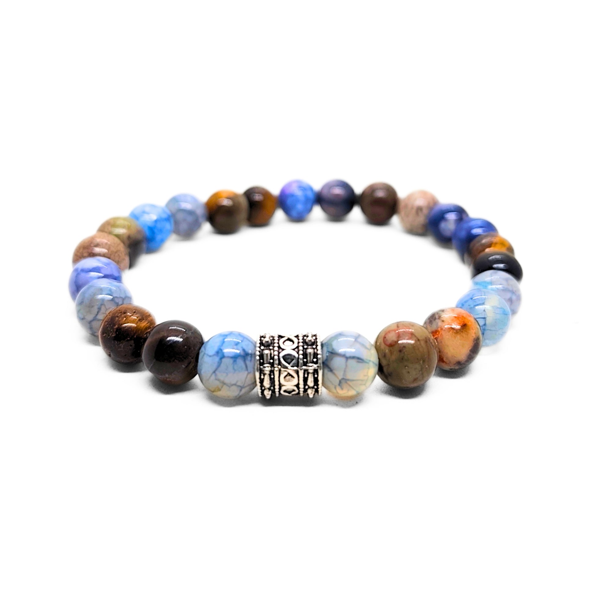 Natural Agate & Tiger Eye Gemstone G-24 Bracelet featuring a mix of blue and brown beads with a decorative silver spacer.