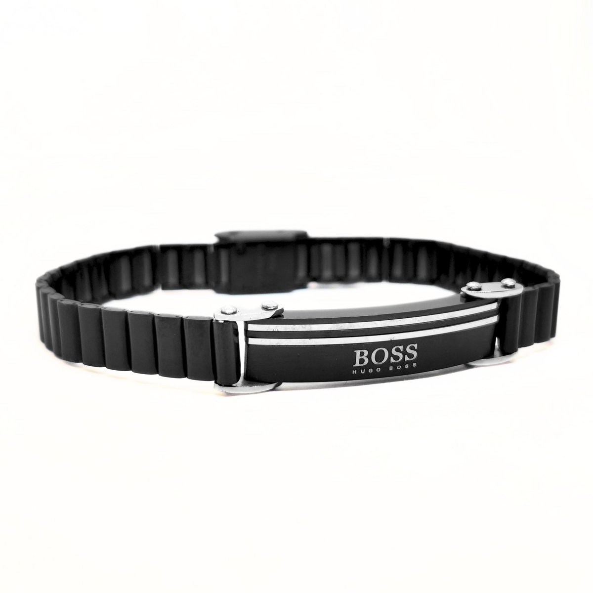 Black stainless steel link bracelet with silver steel brackets and stripes, side angle, B-207, Overpowered Accessories