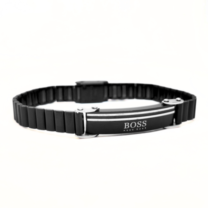 Black stainless steel link bracelet with silver steel brackets and stripes, side angle, B-207, Overpowered Accessories