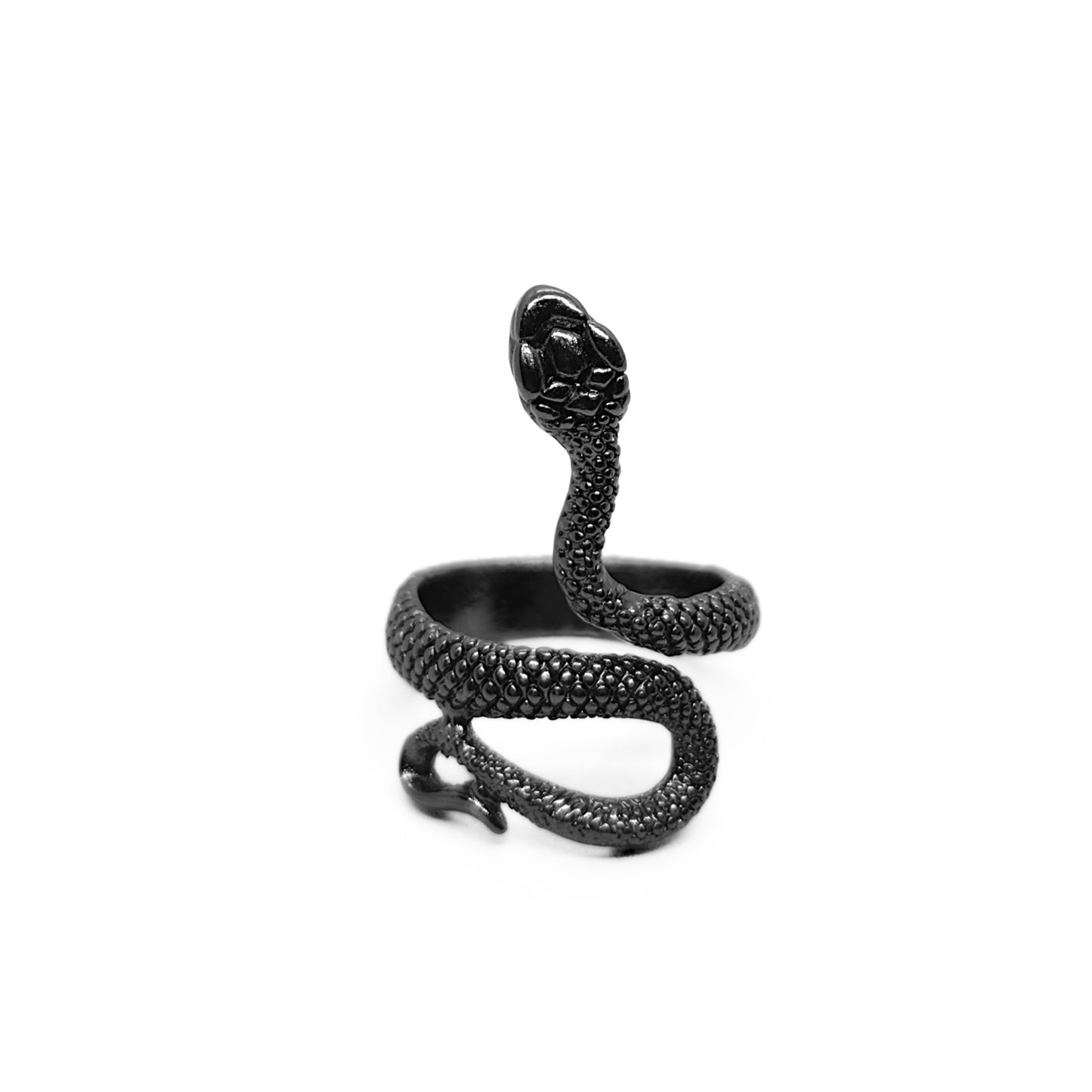 Bold Snake Design Zinc Alloy R-6 Ring features a coiled snake design in a sleek black finish, perfect for men's fashion.