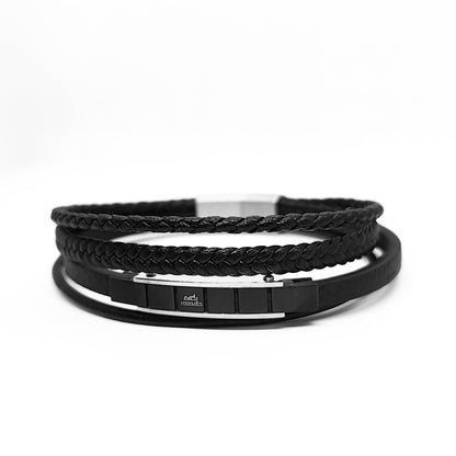 Black leather men's bracelet with braided detail and rectangular center clasp plate