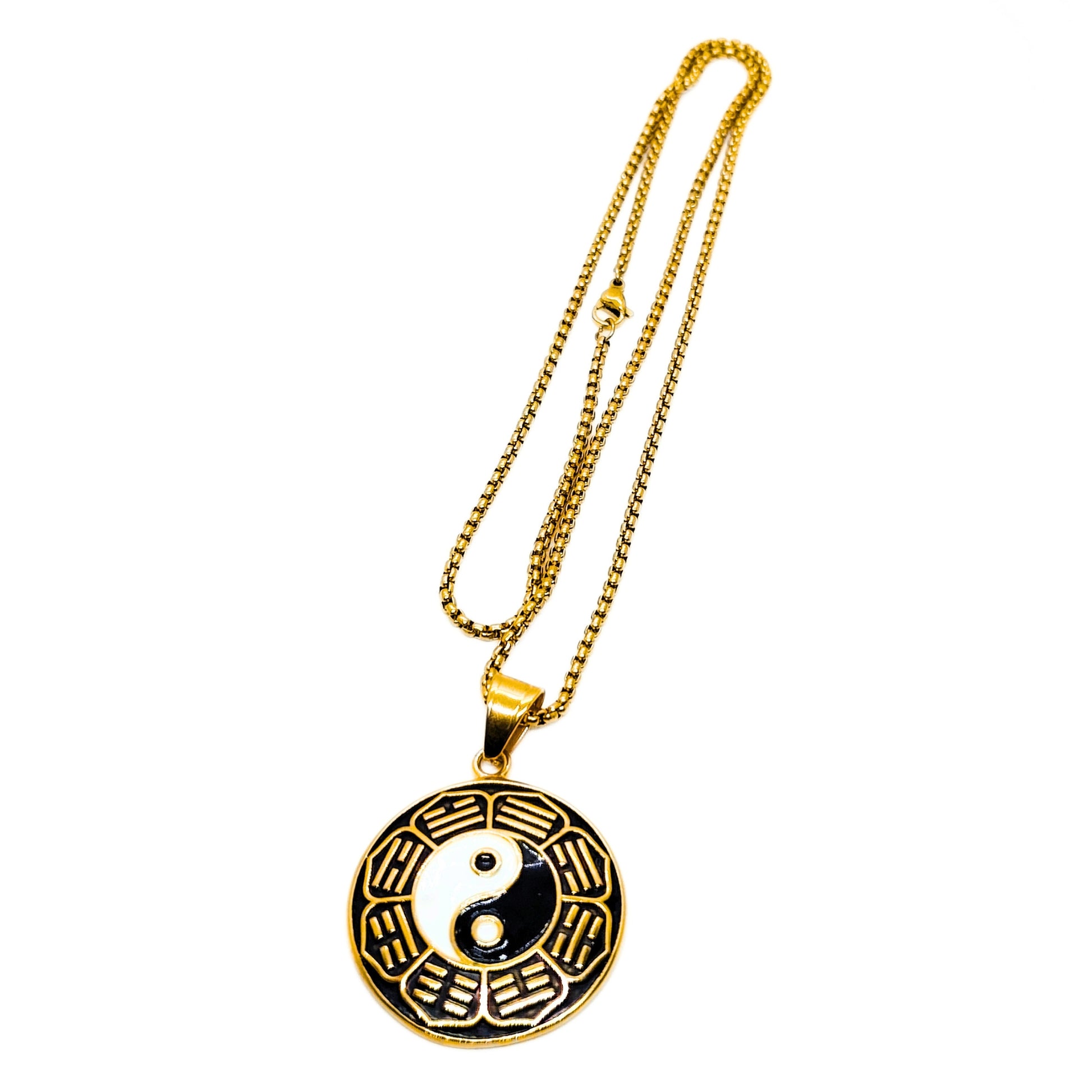 Gold yin-yang pendant necklace with round charm and thin chain