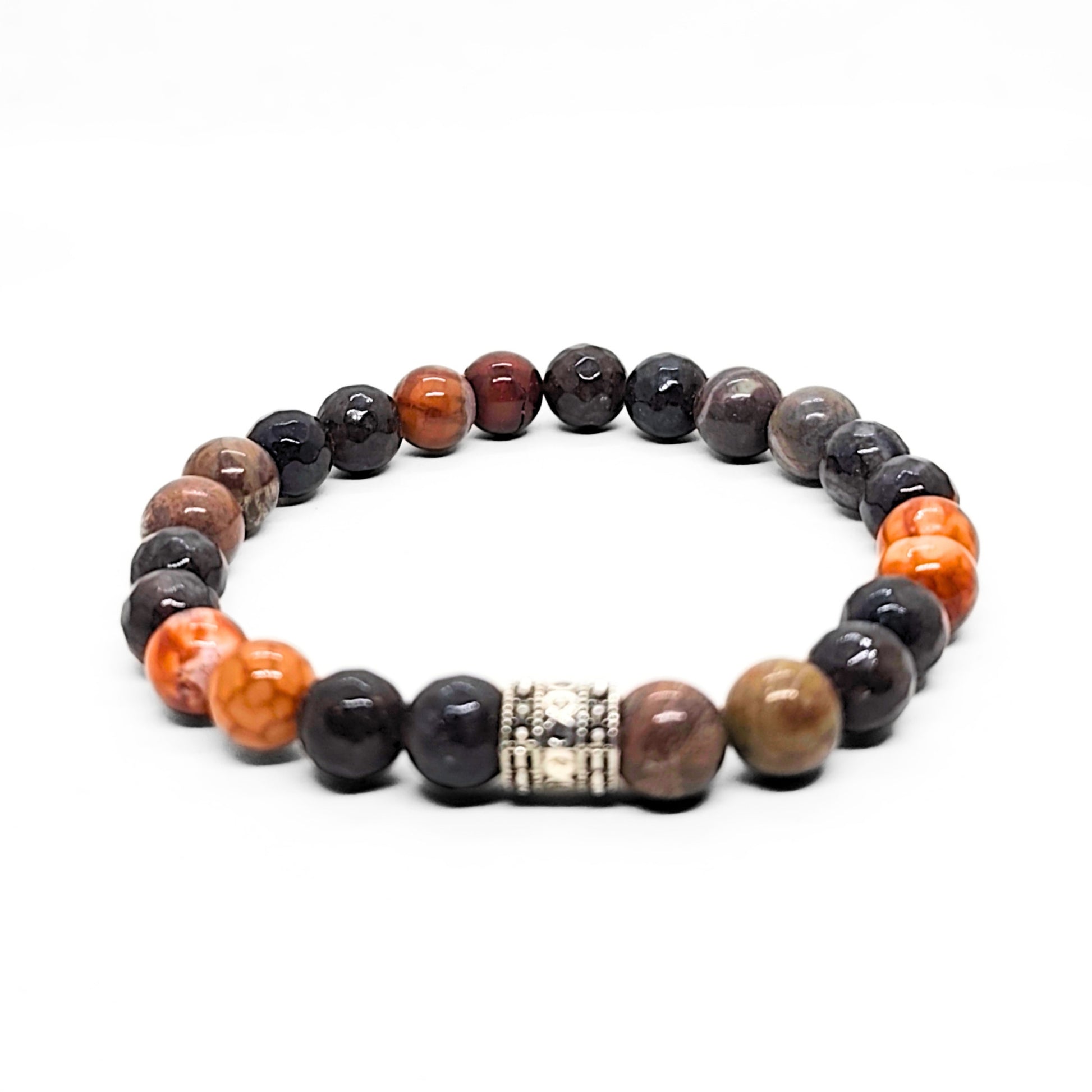 Natural Agate Stone G-26 Bracelet by Overpowered Accessories features a mix of dark and warm-toned beads with a decorative si