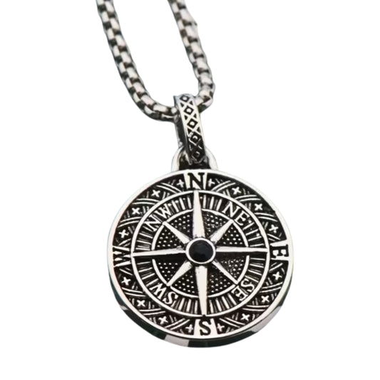 Men's PN-12 Compass Micro-Zircon Pendant necklace by Overpowered Accessories featuring a detailed compass design with a black