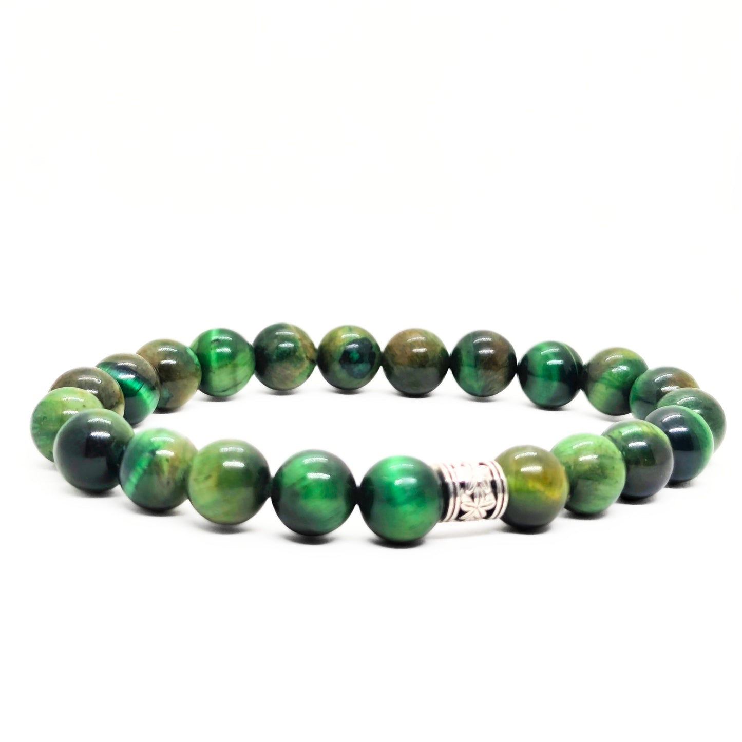 Green tiger's eye beaded bracelet with engraved silver-toned clasp centerpiece.