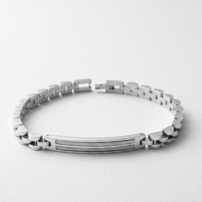 Silver stainless steel bracelet with hinged clasp and horizontal bar center detail