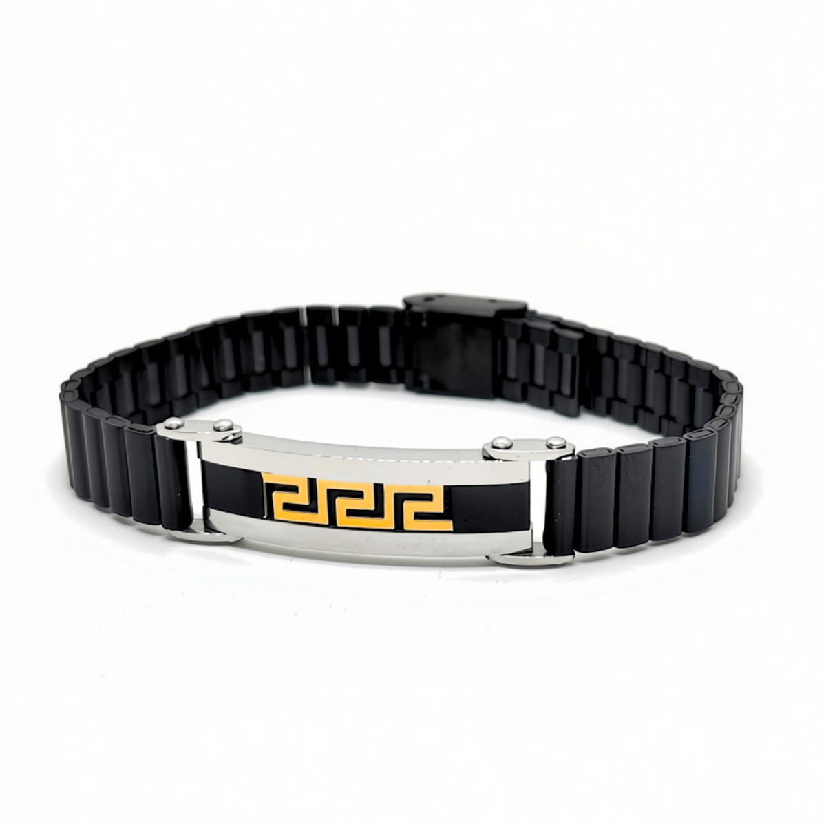 Black, silver and gold stainless steel bracelet with watch-style clip clasp, angled view, B-206, Overpowered Accessories