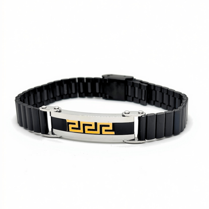 Black, silver and gold stainless steel bracelet with watch-style clip clasp, angled view, B-206, Overpowered Accessories