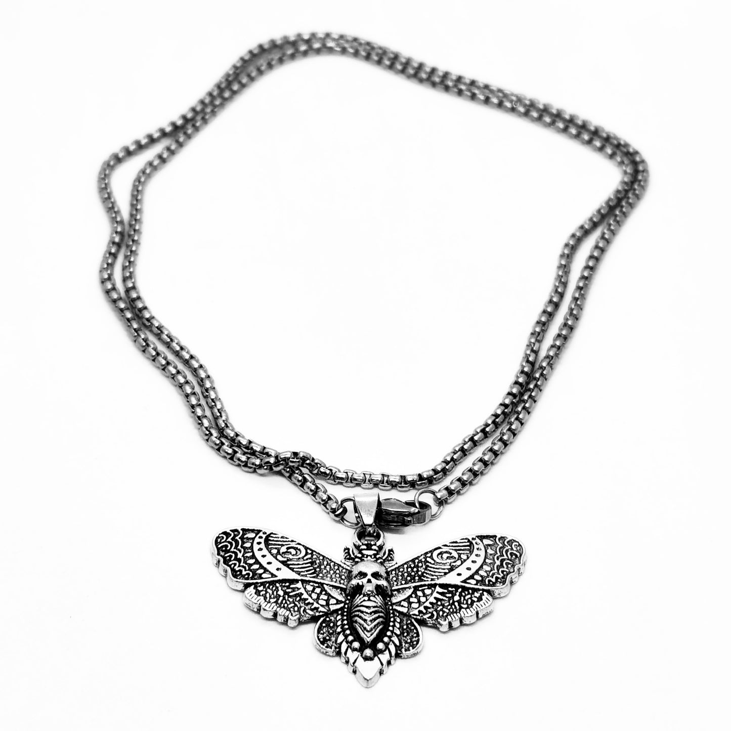 Silver-tone chain necklace with butterfly skull pendant centerpiece