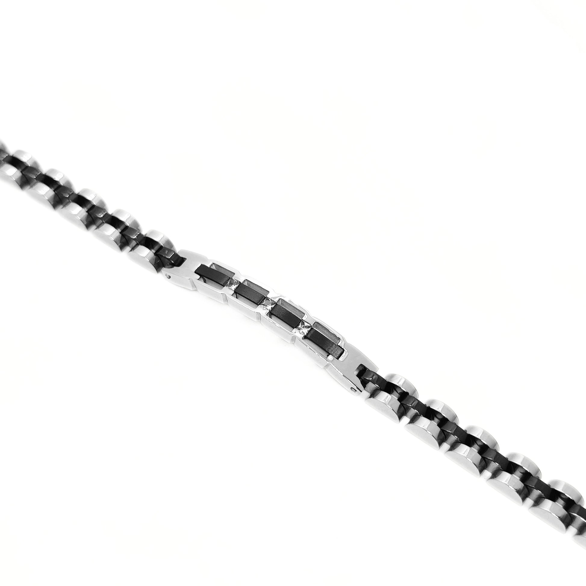 Stainless steel bracelet with alternating silver and black rectangular links