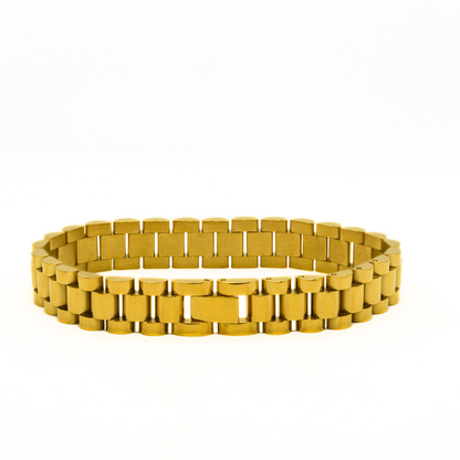 Gold-colored stainless steel B-35 bracelet for men by Overpowered Accessories, featuring a sleek, link design.