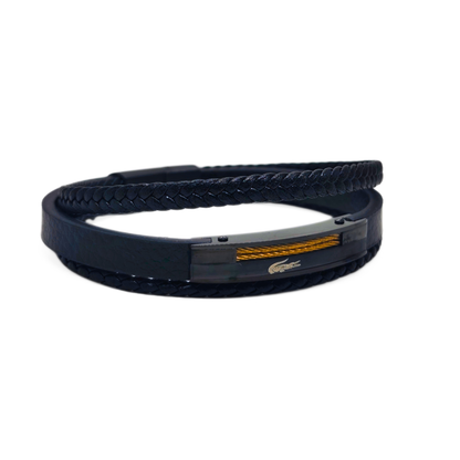 Black leather layered bracelet with gold-tone twisted steel cables, side angle, B-200, Overpowered Accessories