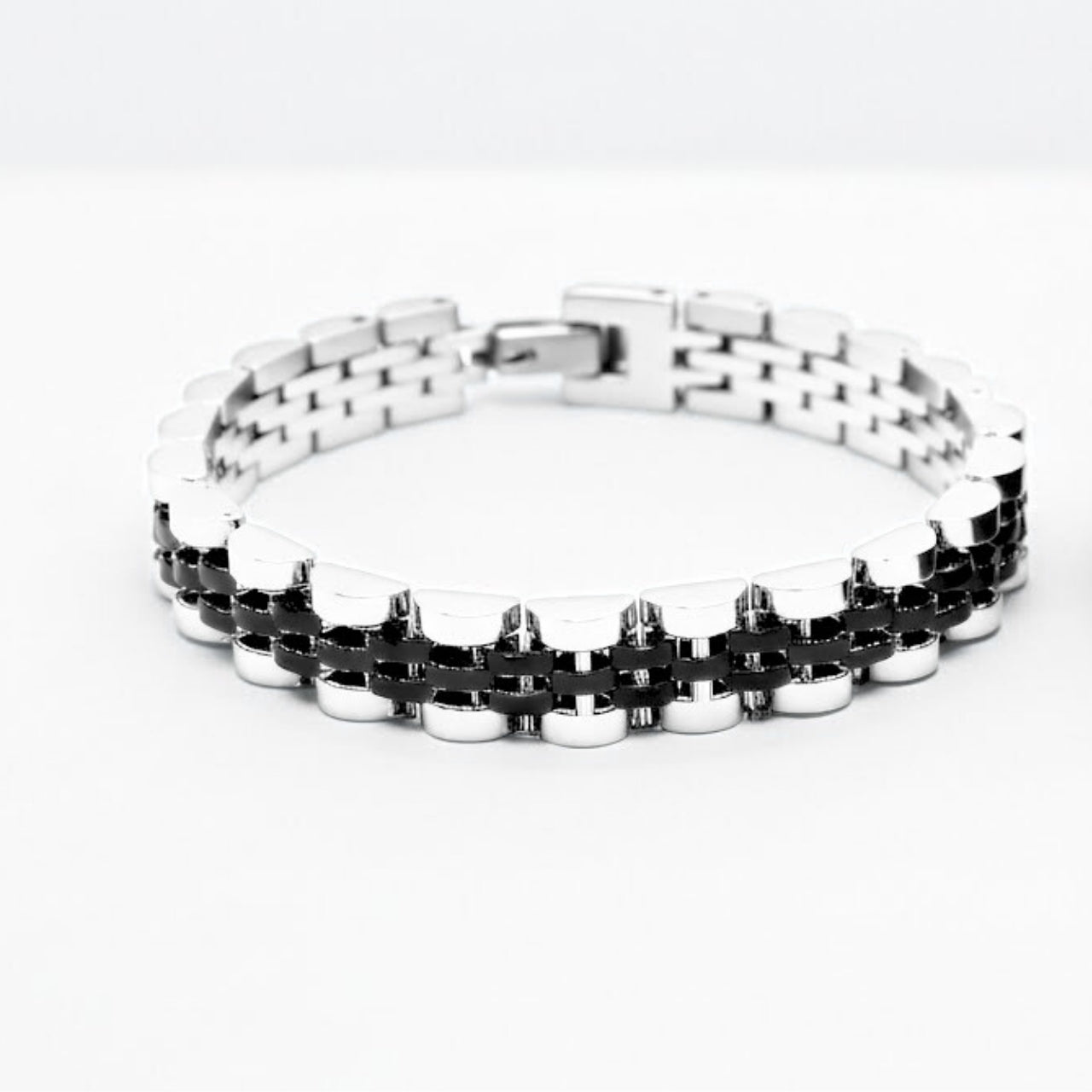Two-tone silver and black stainless steel B-53 bracelet for men, featuring a sleek, modern design with alternating links.