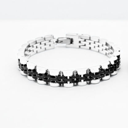 Two-tone silver and black stainless steel B-53 bracelet for men, featuring a sleek, modern design with alternating links.