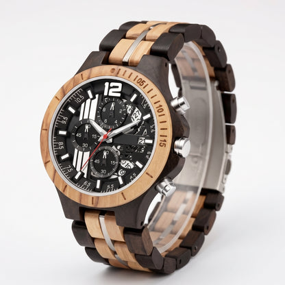 Men's wood sport watch with round wooden bezel, black dial, and metal-capped crown.