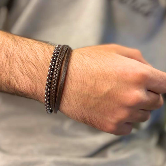 Premium Brown Leather Bracelet with Beads Silver Stainless Steel B-92 - Overpowered Accessories | Egypt