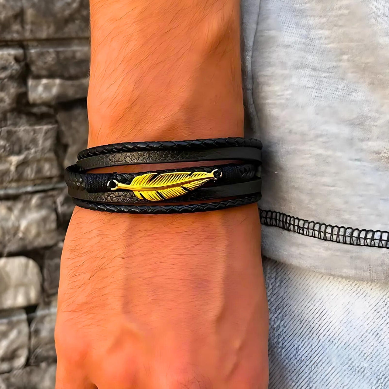 Black Leather & Gold Stainless Steel Feather - B-14 Bracelet | Men's - Overpowered Accessories Egypt