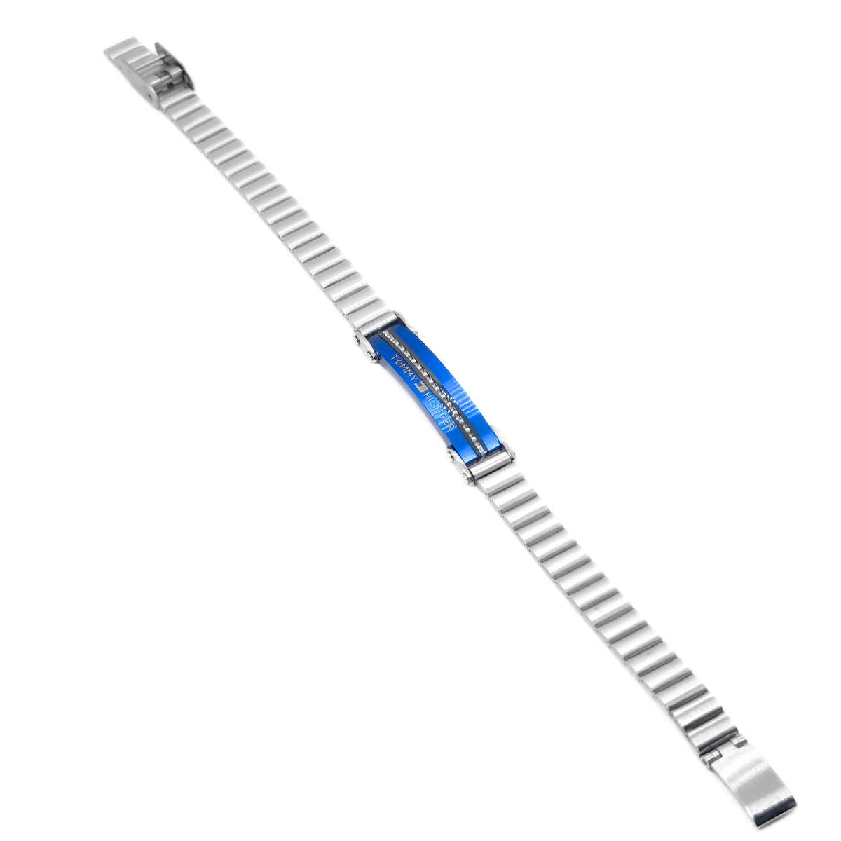 Silver and blue stainless steel bracelet laid flat showing watch-style clip clasp, B-203, Overpowered Accessories