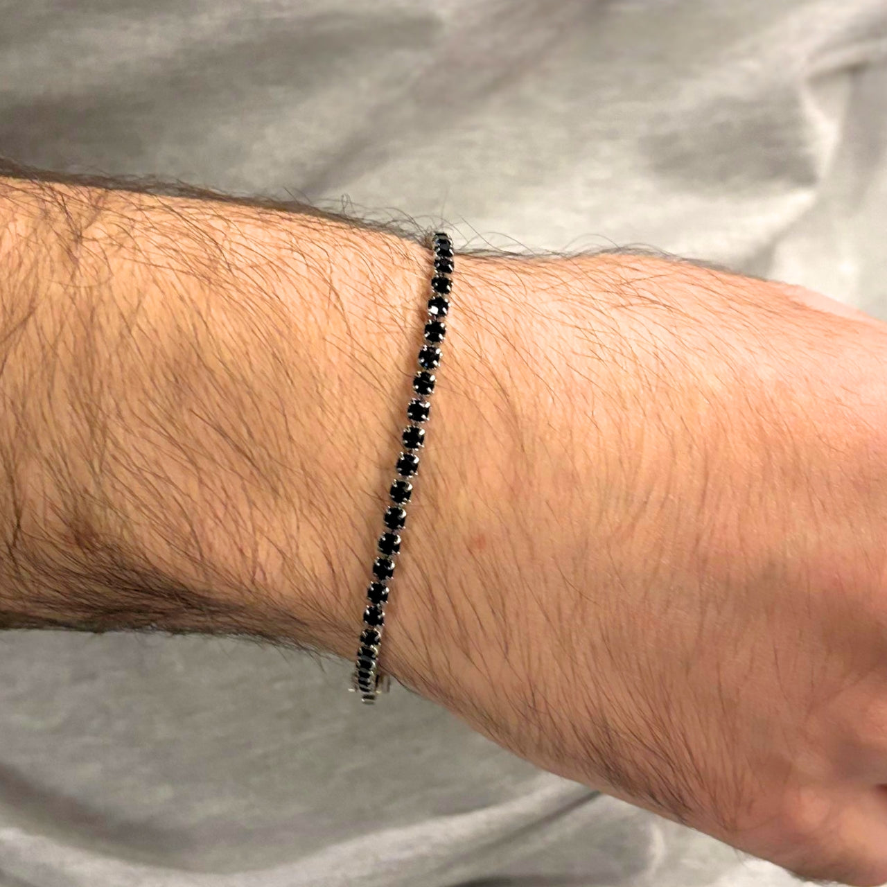 Silver Stainless Steel Tennis Bracelet with Black CZ Adjustable  B-91 - Overpowered Accessories | Egypt