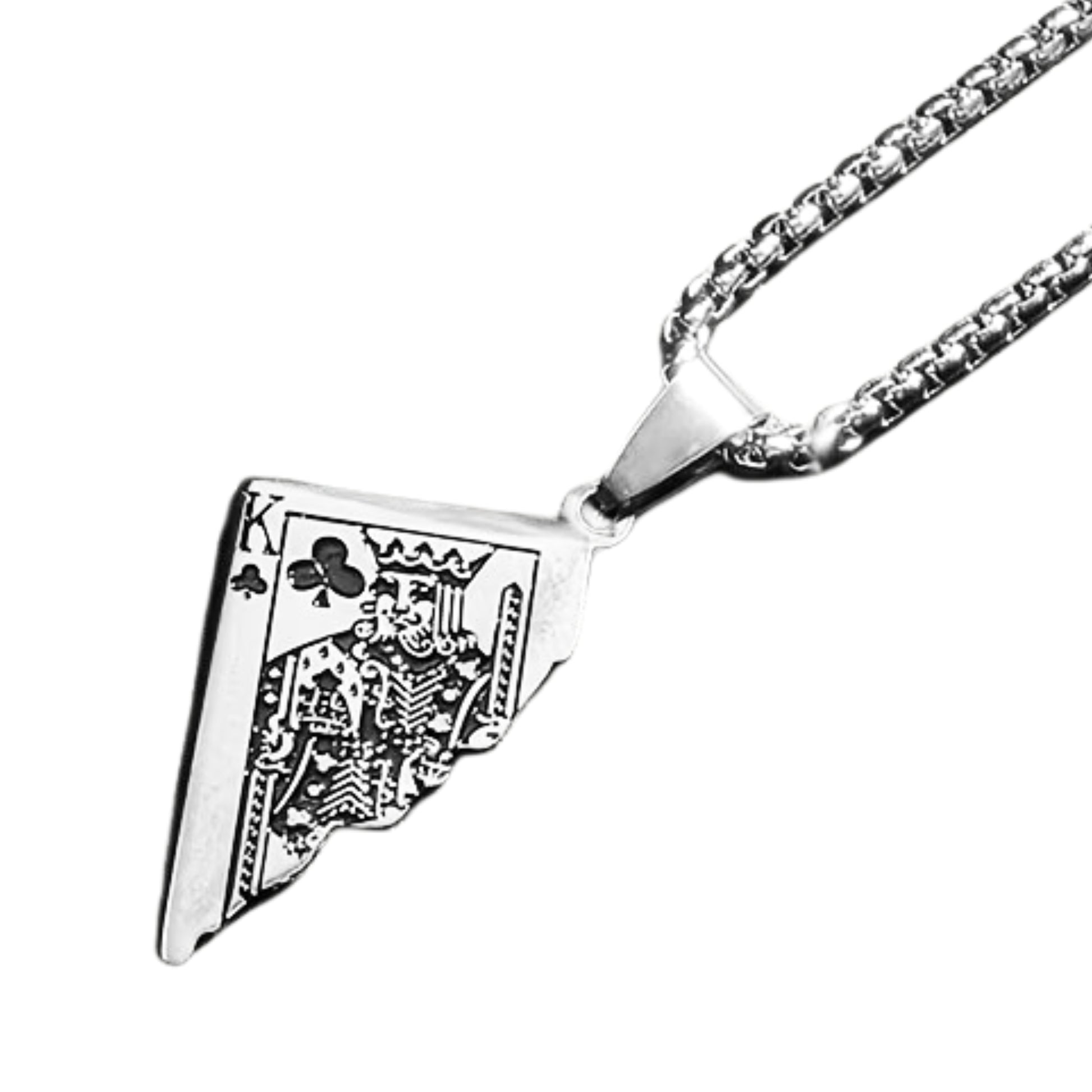 Silver King Card Pendant necklace featuring a spade design, attached to a sturdy chain. Ideal for men's fashion.