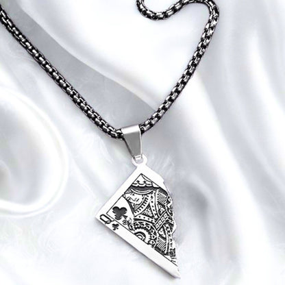 Silver PN-10 Queen Card Pendant necklace with intricate design, hanging from a black chain against a soft white background.