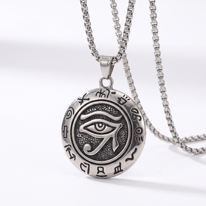 Oval eye pendant necklace with chain, hanging on neckline