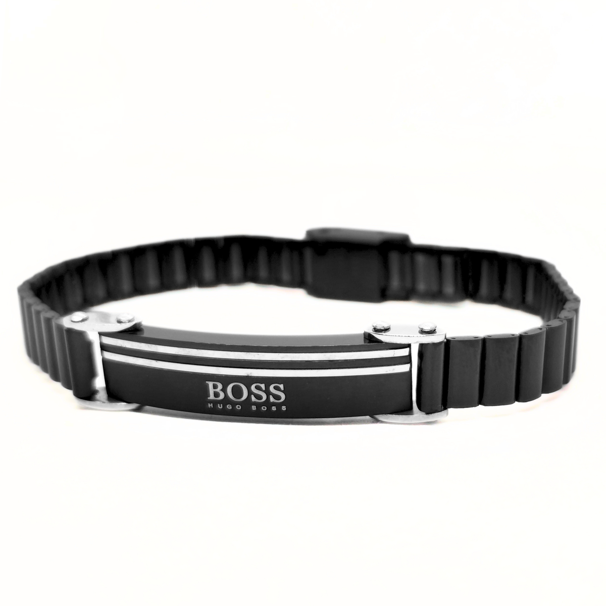 Black and silver stainless steel ID bracelet for men with watch-style clasp, angled view, B-207, Overpowered Accessories